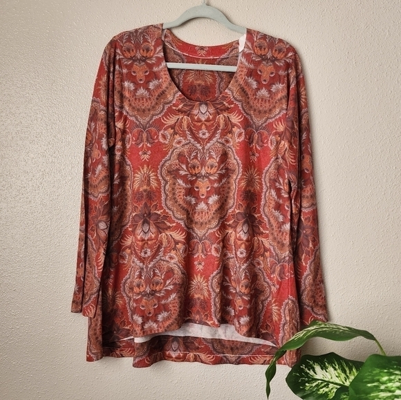 Soft Surroundings Red Paisley Peasant Flowy Long Sleeve Boho Tunic Top L - Picture 1 of 10